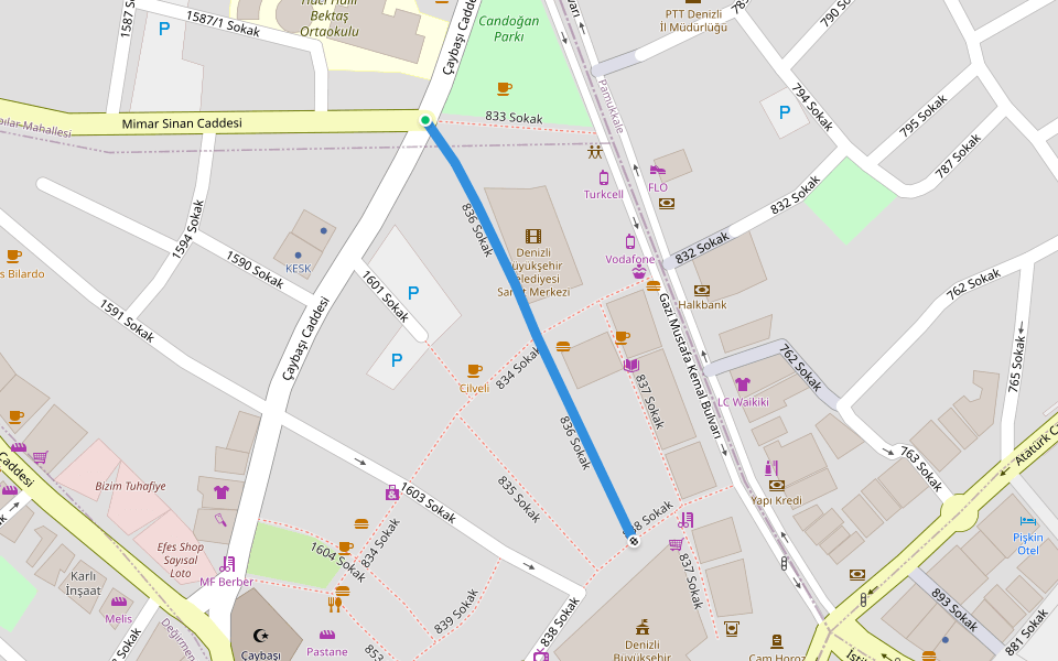 836 Sokak walking route map in Denizli