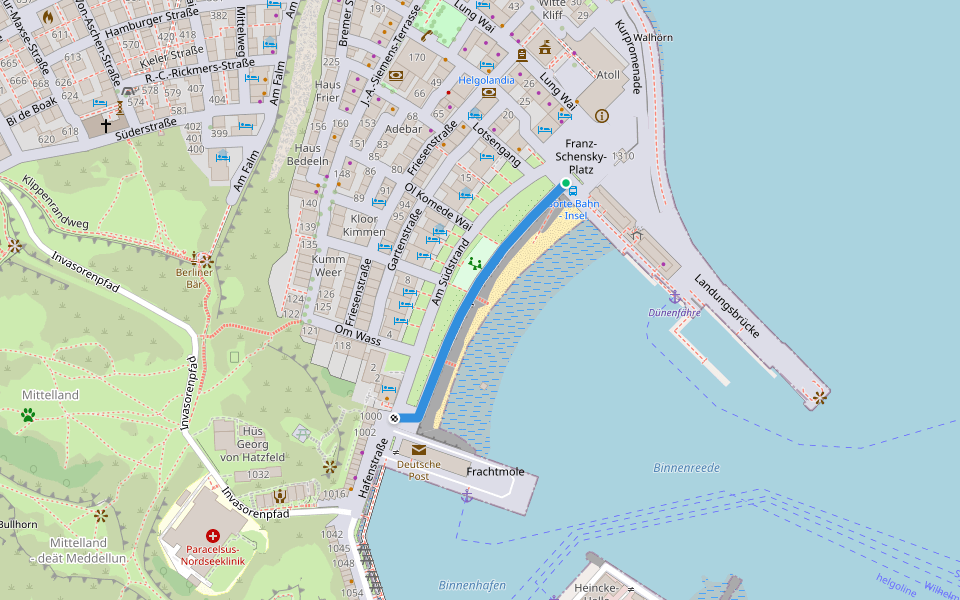 Südstrandpromenade walking route map in Helgoland