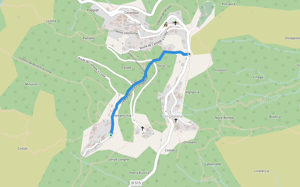 Chemin de Costa à Vergaliese walking route map in Campile