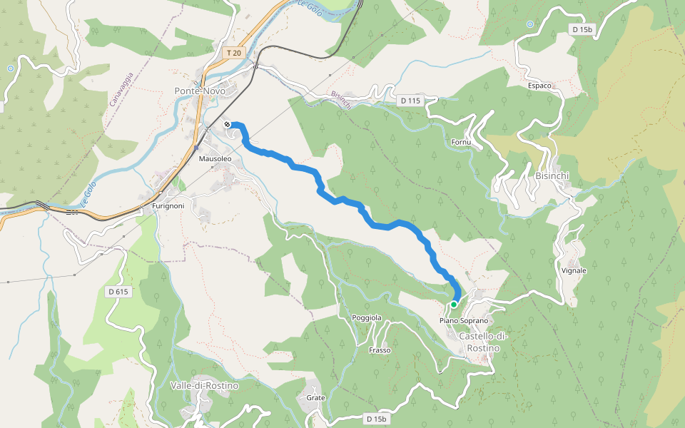 Chemin de Ponte Novu à Pastoreccia walking route map in Castello-di-Rostino