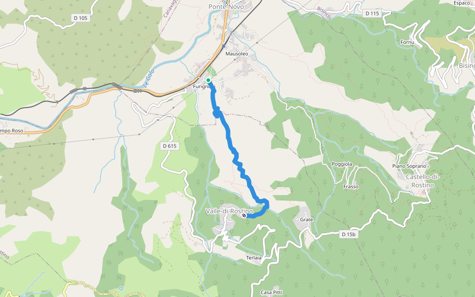 Chemin de Furignoni à Valle-Di-Rostino walking route map in Castello-di-Rostino