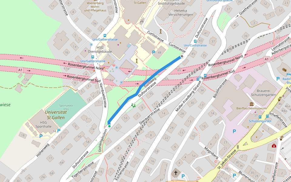 Curtiweg walking route map in St. Gallen