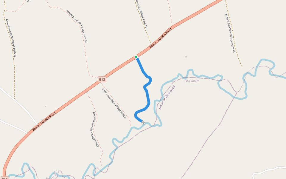 Amoni Borehole Village Path 1 walking route map in Malaba