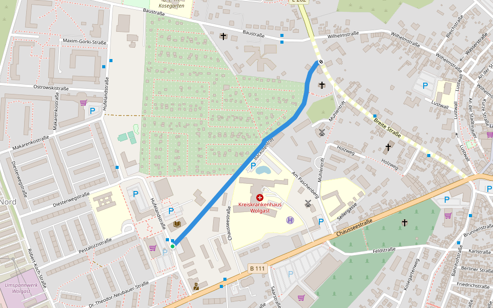 Backofentrift walking route map in Wolgast