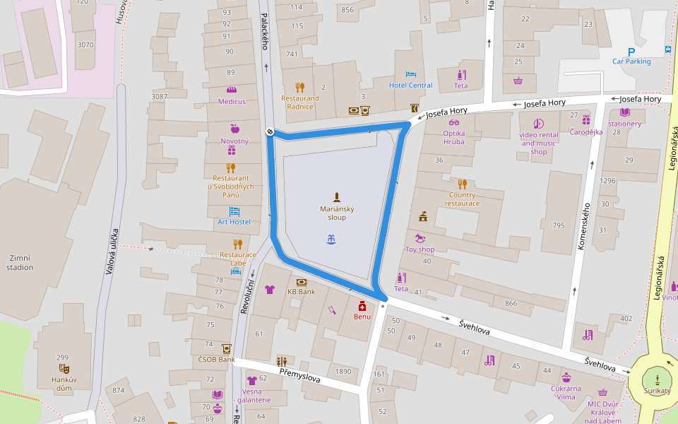 náměstí T. G. Masaryka walking route map in Dvůr Králové nad Labem