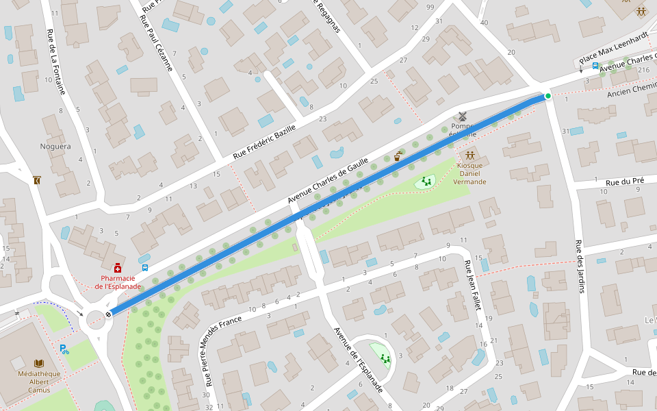 Esplanade Jean-Jaurès walking route map in Clapiers