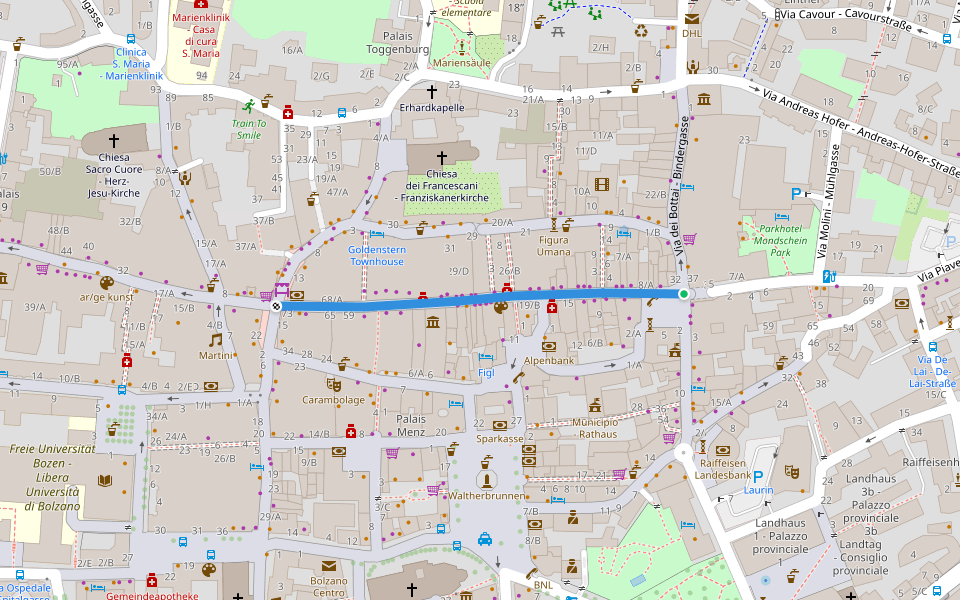 Via dei Portici - Laubengasse walking route map in Bolzano