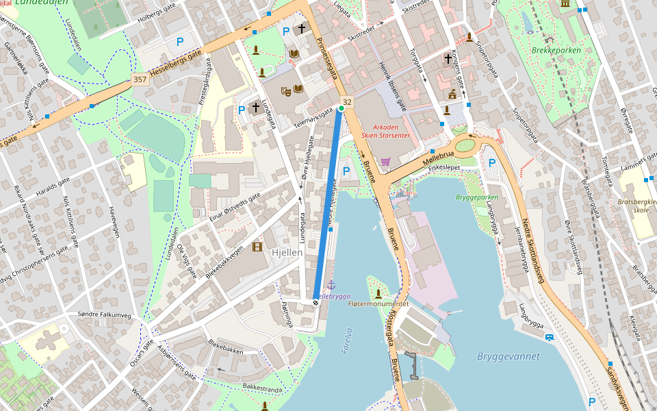 Nedre Hjellegate walking route map in Skien