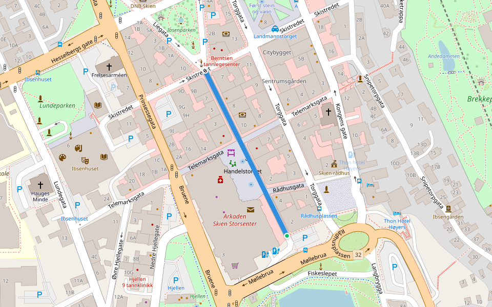 Henrik Ibsens gate walking route map in Skien
