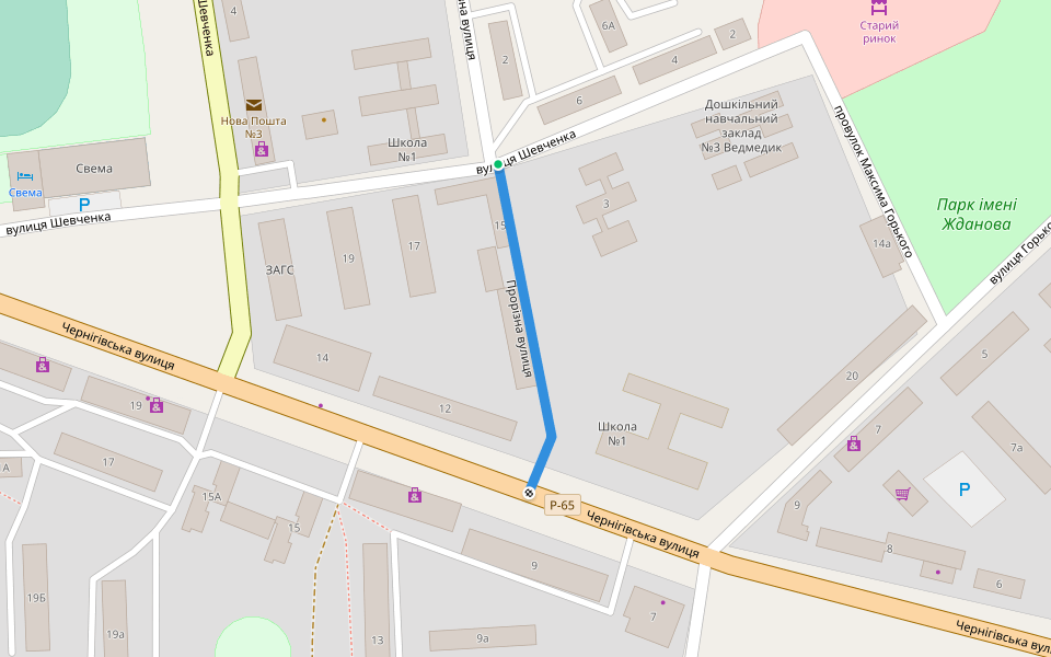 Прорізна вулиця walking route map in Shostka