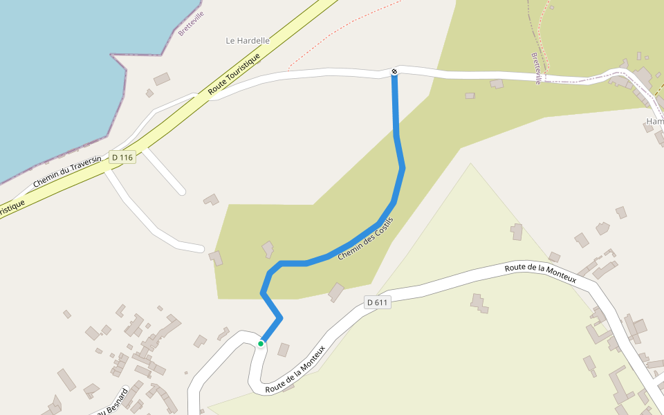 Chemin des Costils walking route map in Bretteville