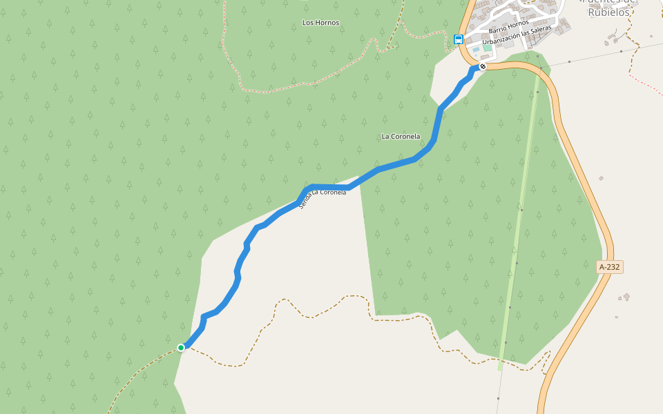 Senda La Coronela walking route map in Fuentes de Rubielos