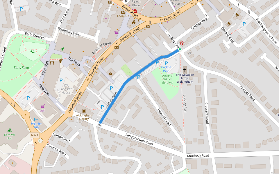 Cockpit Path walking route map in Wokingham