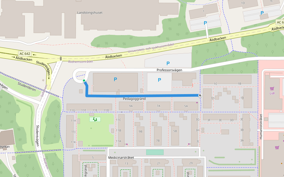 Pedagoggränd walking route map in Umeå
