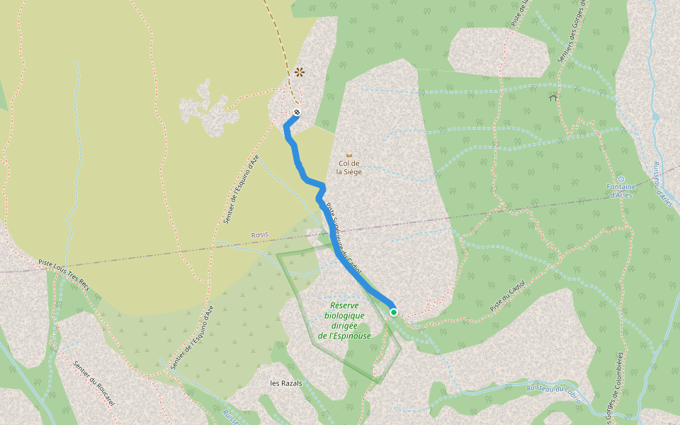 Piste Supérieure du Cadiol walking route map in Colombières-sur-Orb