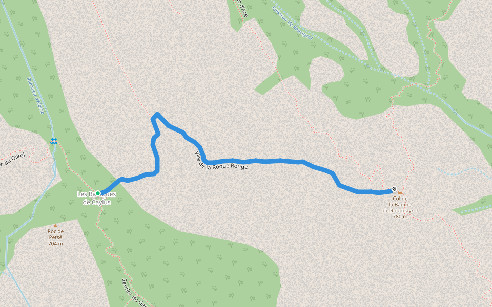 Vire de la Roque Rouge walking route map in Colombières-sur-Orb