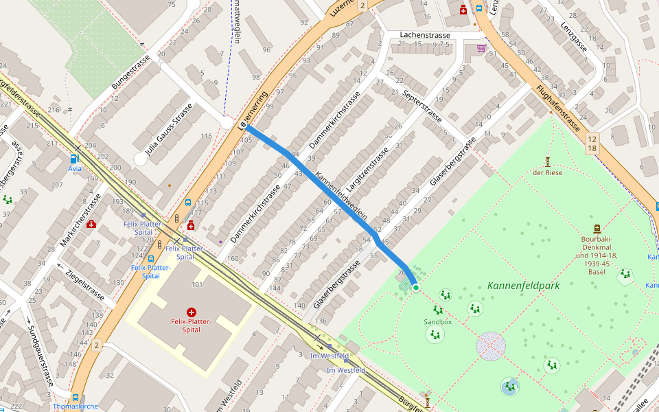 Kannenfeldweglein walking route map in Basel