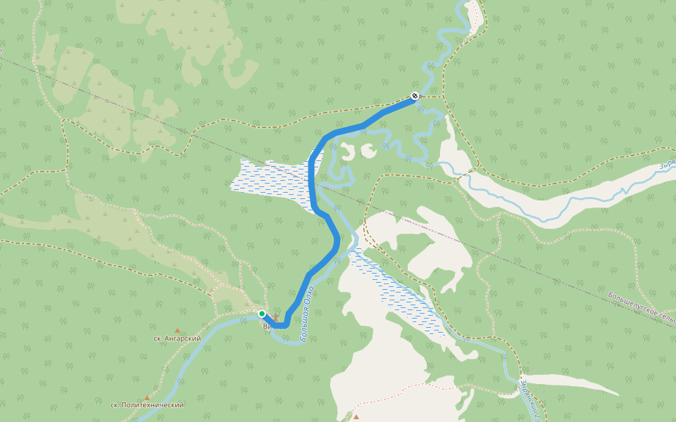 Тропа к Олхинским скальникам walking route map in Orlenok