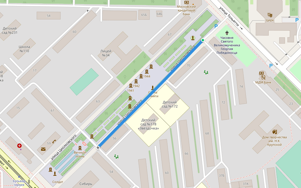 улица Циолковского walking route map in Novokuznetsk