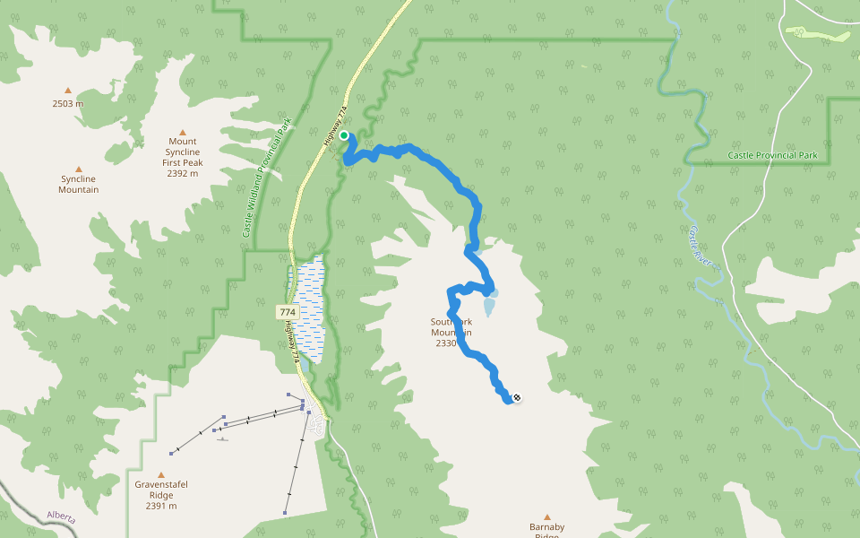 Southfork Mountain Route walking route map in Alberta