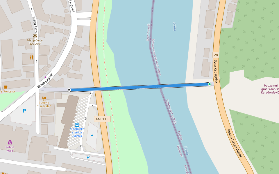 Most Aleksandra I Karađorđevića walking route map in Mali Zvornik