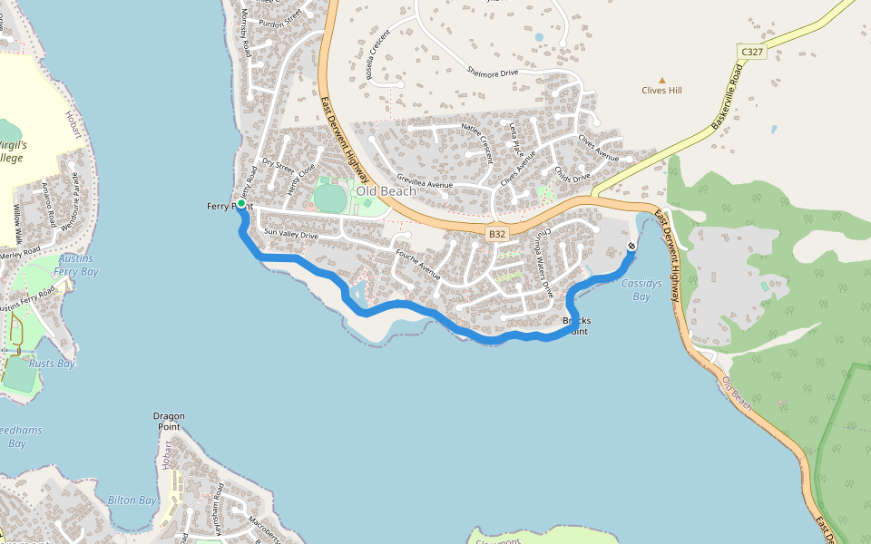 Old Beach Foreshore Trail walking route map in Old Beach