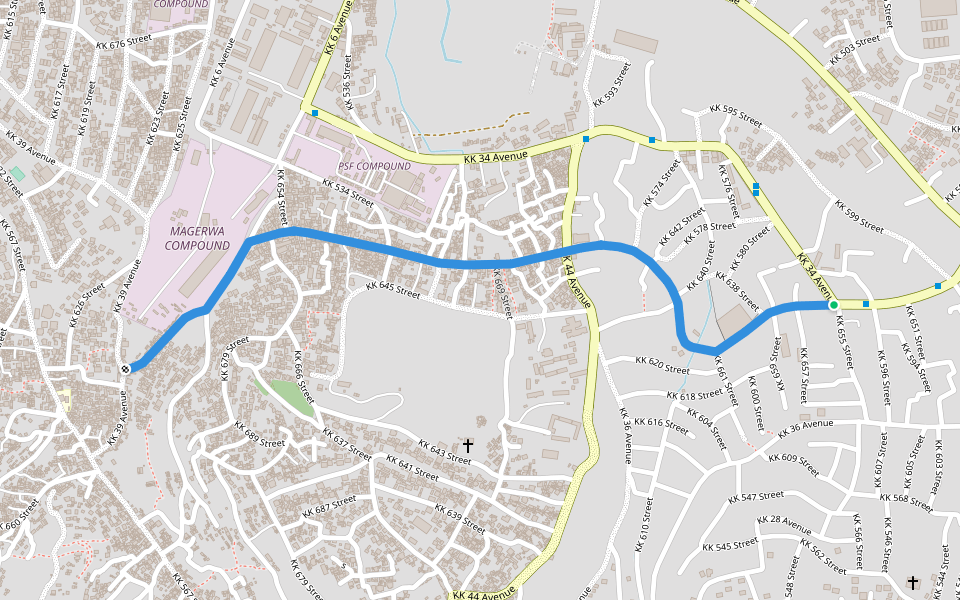 KK 46 Avenue walking route map in Kigali