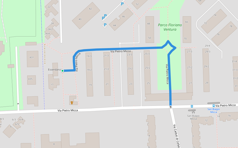 Via Pietro Micca walking route map in Casalecchio di Reno