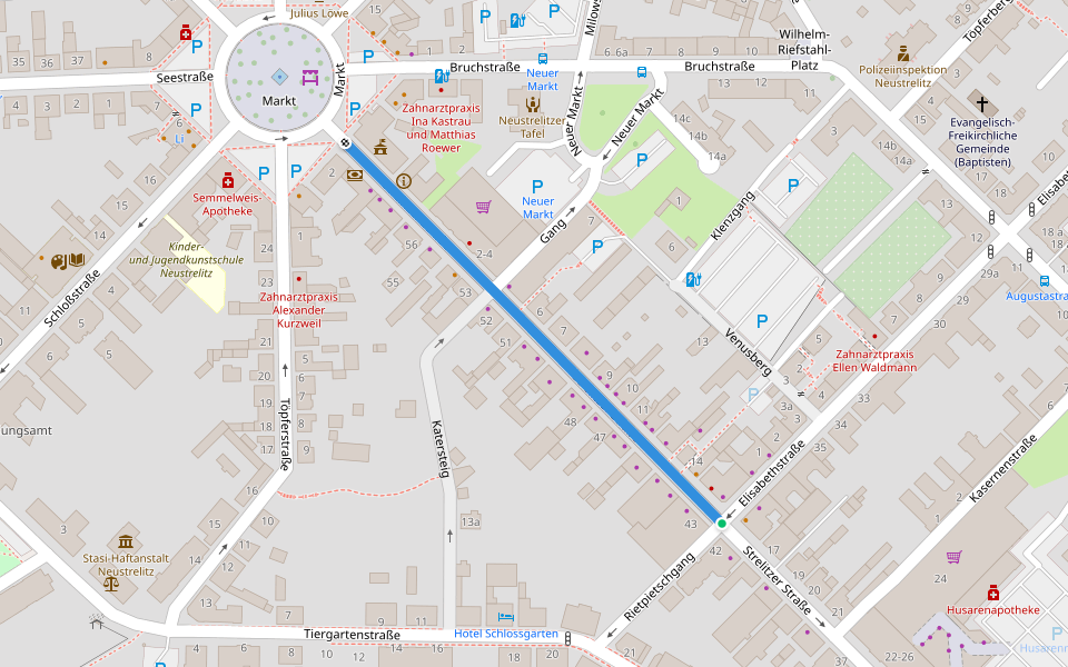 Strelitzer Straße walking route map in Neustrelitz