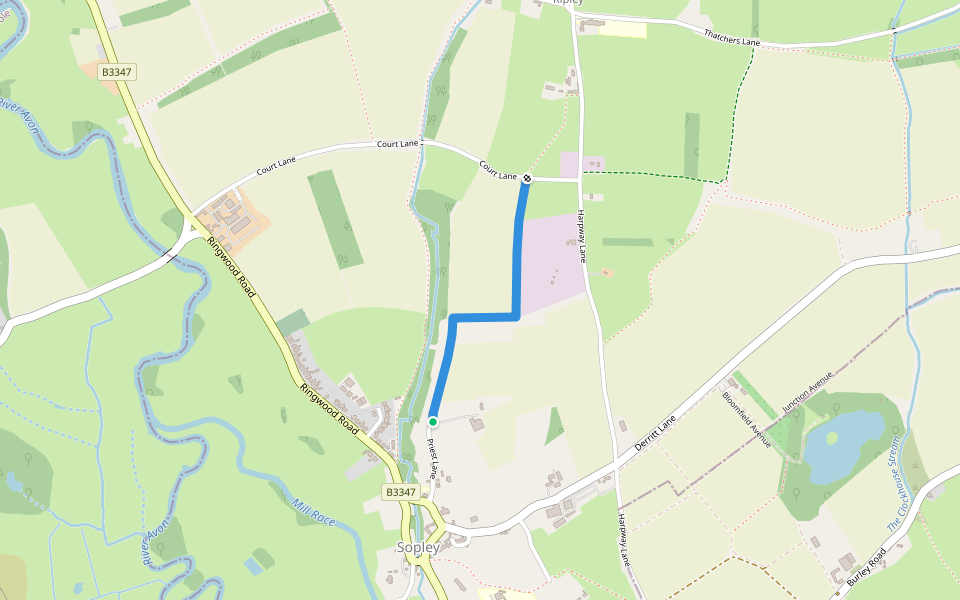 Priest Lane walking route map in Sopley