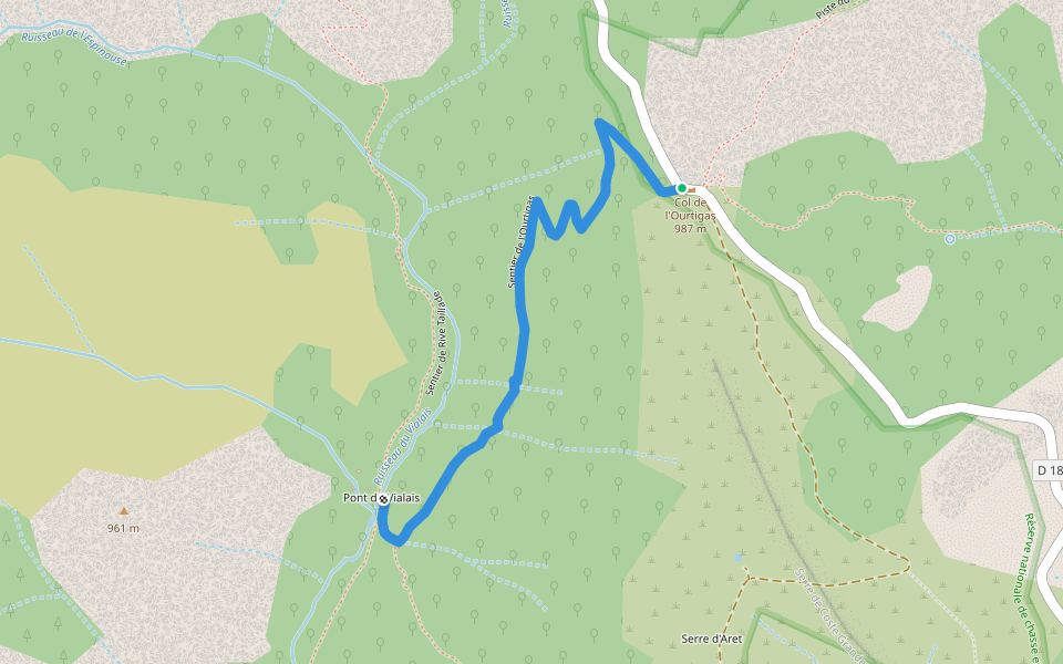 Sentier de l'Ourtigas walking route map in Rosis