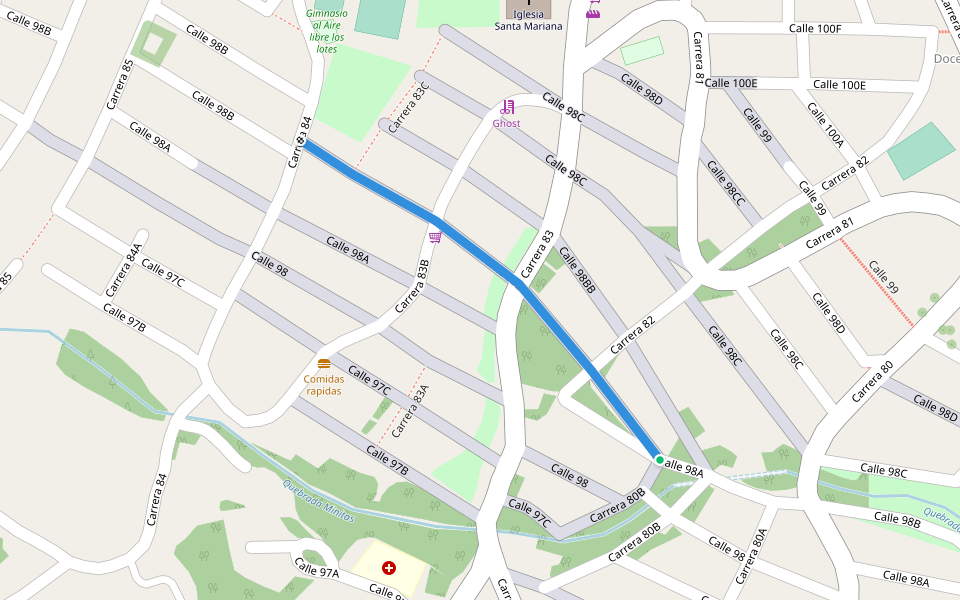 Calle 98B walking route map in Medellín