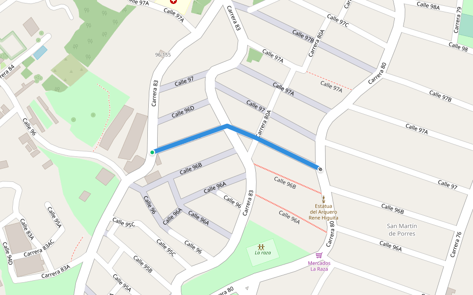 Calle 96C walking route map in Medellín