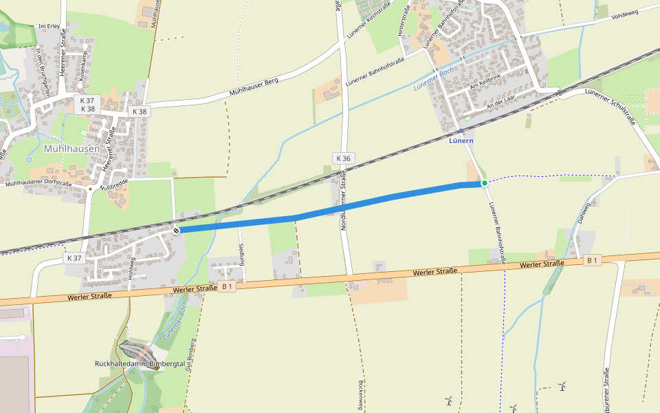 Mühlhausener Hellweg walking route map in Unna