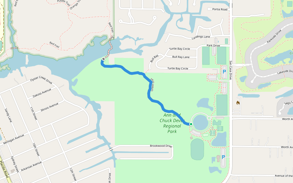 Green trail walking route map in Englewood