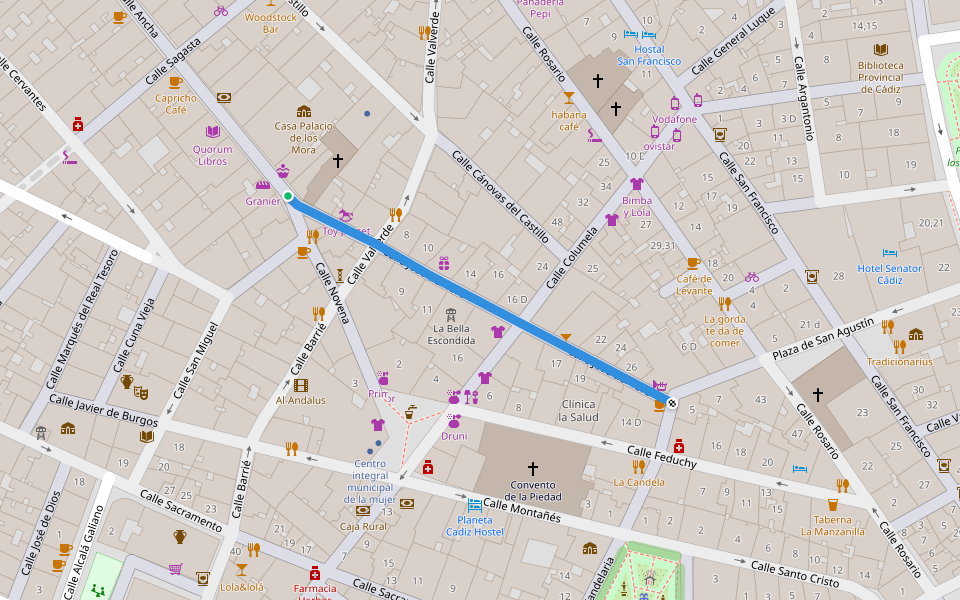 Calle José del Toro walking route map in Cádiz