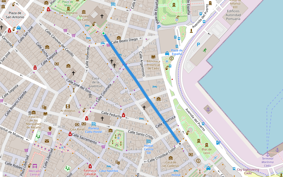 Calle San Francisco walking route map in Cádiz