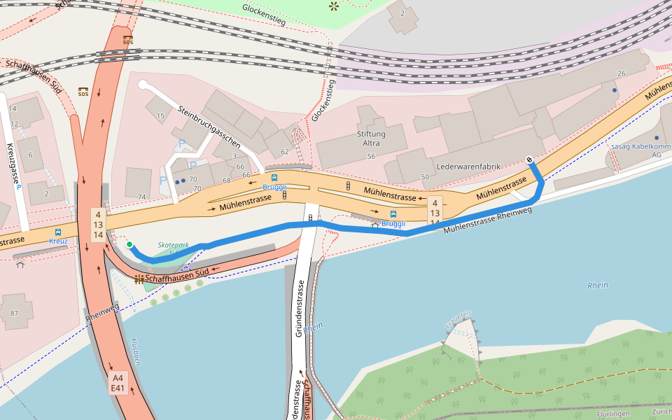 Mühlenstrasse Rheinweg walking route map in Schaffhausen