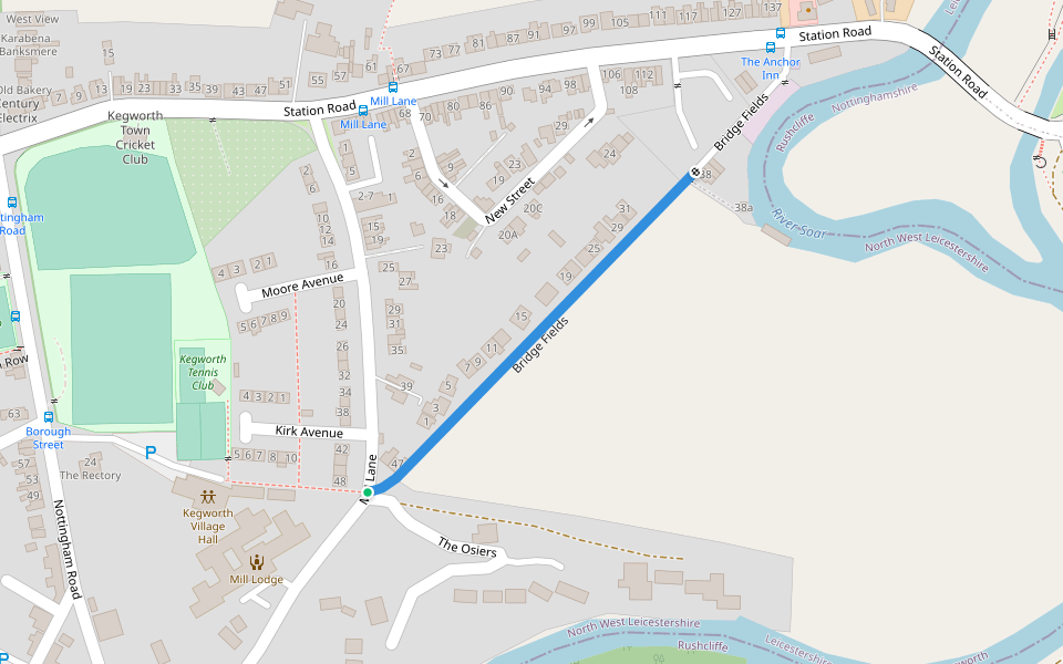 Bridge Fields walking route map in Kegworth