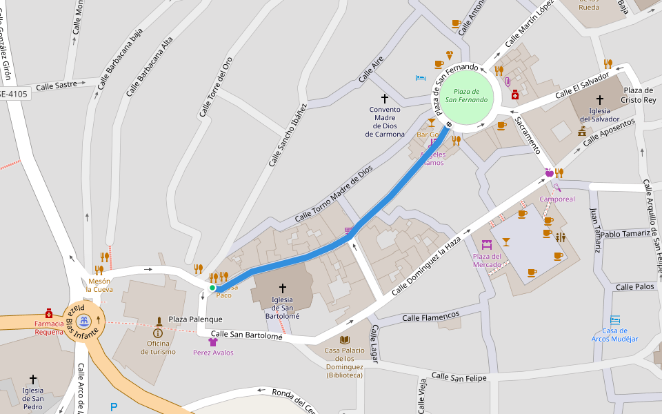 Calle Prim walking route map in Carmona