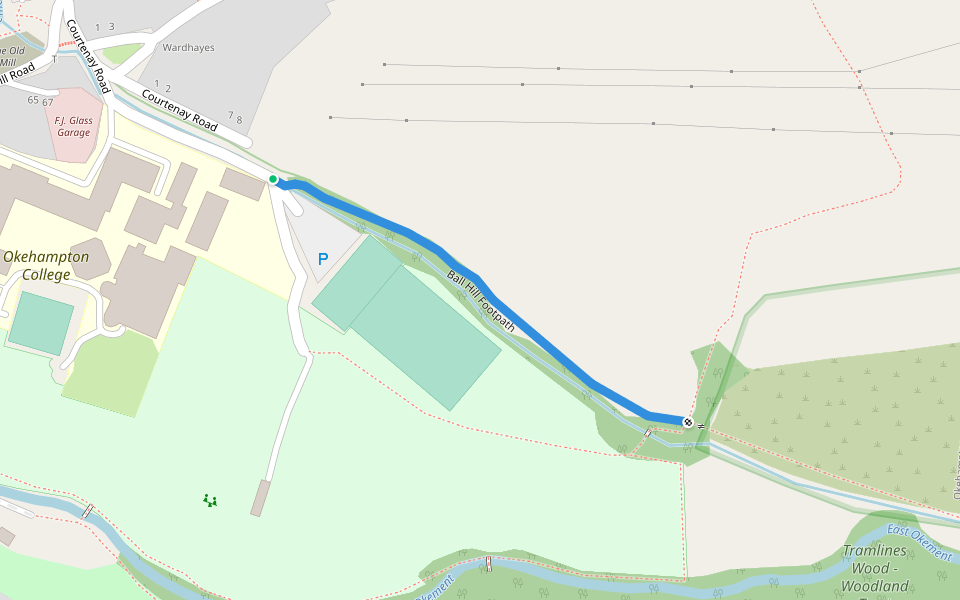 Ball Hill Footpath walking route map in Okehampton