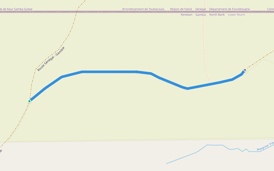 Gambia, Karang Baa, Karang access road. *rugged* walking route map in Simal