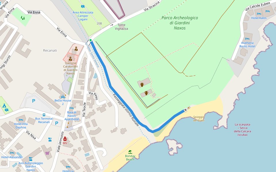 Passeggiata storico fluviale walking route map in Giardini Naxos
