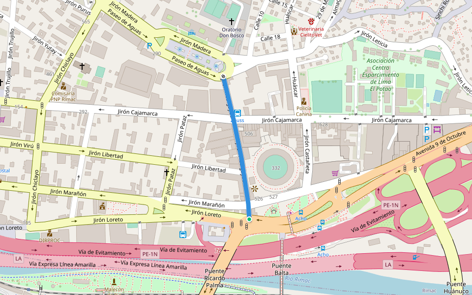 Jirón Hualgayoc walking route map in Rímac