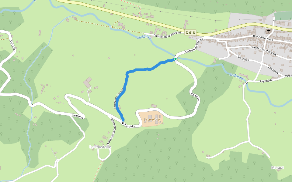 Chemin de Pomies walking route map in Saurat