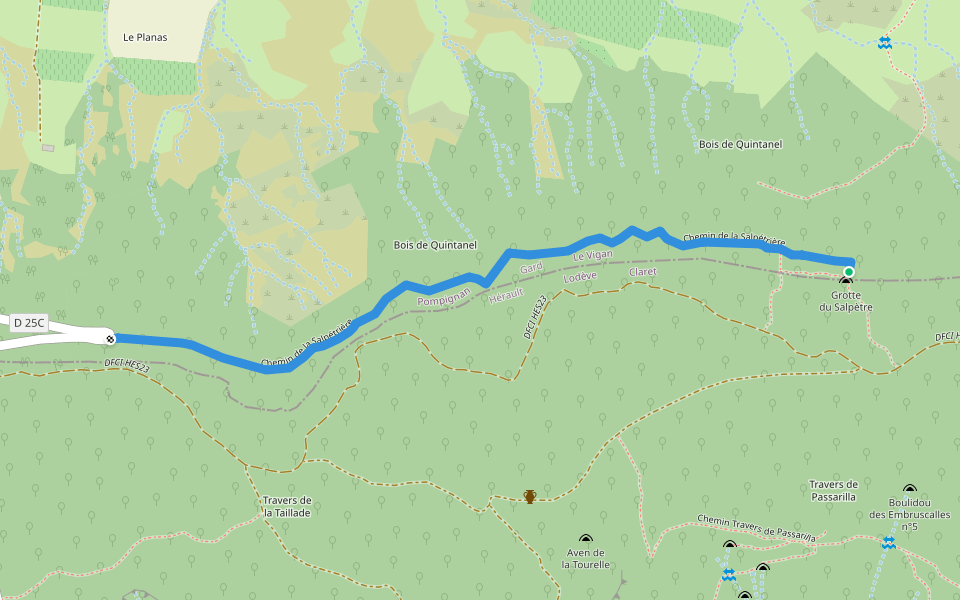 Chemin de la Salpétrière walking route map in Pompignan