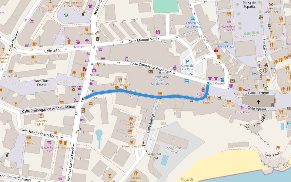 Calle El Barrio walking route map in Nerja