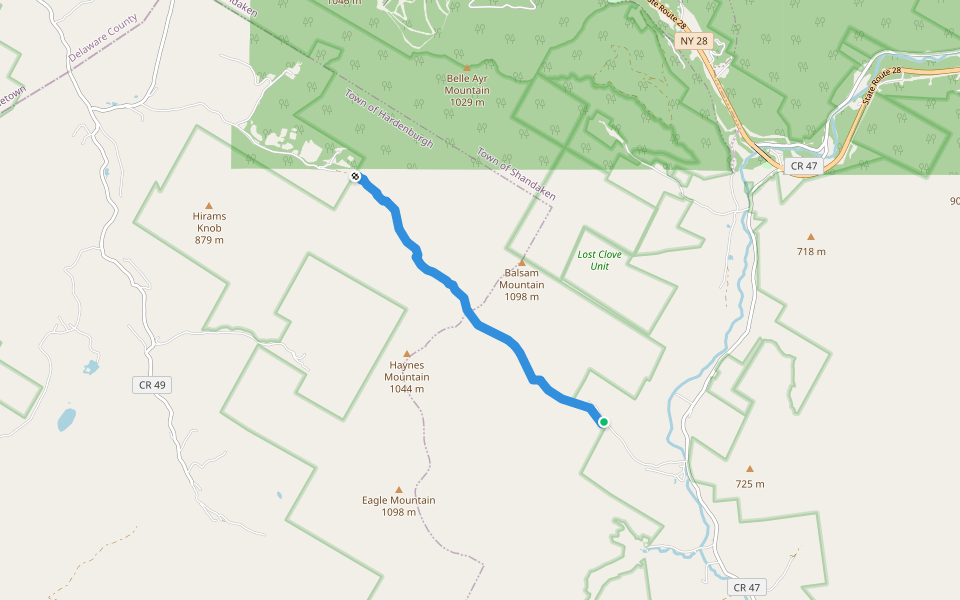 Oliverea-Mapledale Trail - red walking route map in Big Indian
