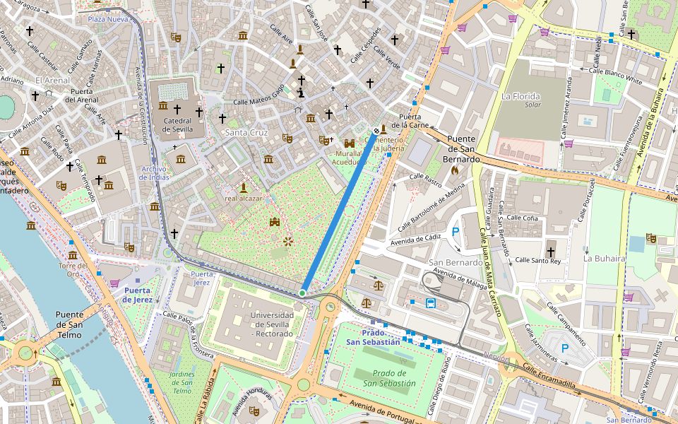 Paseo de Catalina de Ribera walking route map in Sevilla