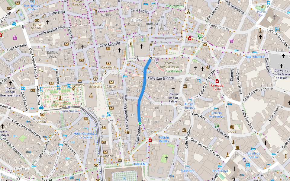 Calle Francos walking route map in Sevilla